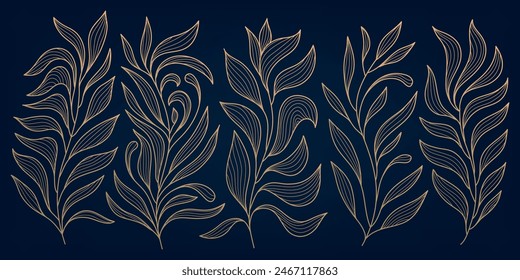 Vector set of art deco line leaves, line floral gold illustration, elegant linear graphic foliage. Drawn branches, tropical graphic, design elements.