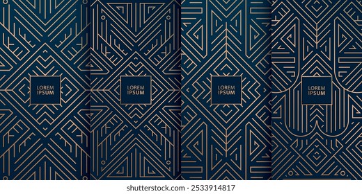 Conjunto vetorial de padrões de ouro de linha art deco, rótulos de design modernos, ornamento abstrato. Fundo elegante 