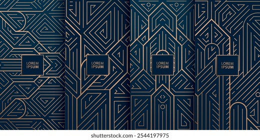 Vector set of art deco line geometric city labels, gatsby frames, elegant package templates. Luxury borders, premium wine, chocolate, perfume boxes