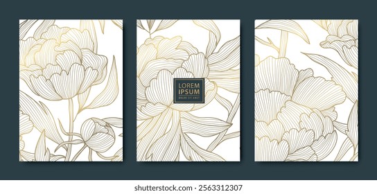 Vector set of art deco line peony flowers, vintage gold on white ornament. Wedding, greeting asian style cards, royal covers, luxury elements.