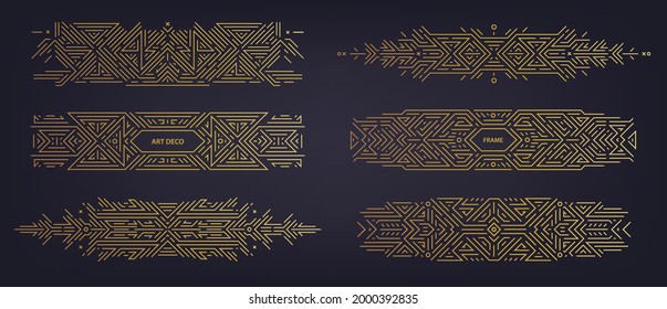 Vector set of art deco linear dividers, borders, frames, decorative design elements. Creative geometric abstract templates in classic retro style of 1920s. Use for packaging, ad, as banner, decor