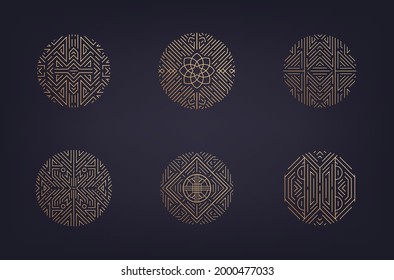 Vector set of art deco linear circles, linear round symbols, decorative design templates, monogram luxury logos. Geometric logotypes