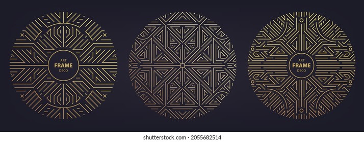 Vector set of art deco linear circles, round borders, frames, decorative design templates. Creative template in classic retro style of 1920s. Use for packaging, advertising, as banner