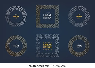 Vector set of art deco linear square, round borders, frames, decorative design templates. Creative template in classic retro style of 1920s. Use for packaging, advertising, as banner. Silver, gold