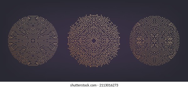 Vector set of art deco linear circles, round borders, decorative design templates. Creative template in classic retro style of 1920s. Use for packaging, advertising, as banner