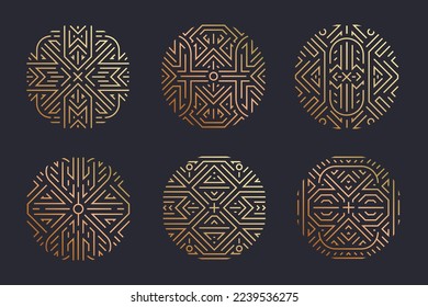 Vector set of art deco logos badges, adges, abstract geometric design templates for luxury products. Linear ornament compositions, vintage. Use for packaging, branding, decoration, etc. Golden circles