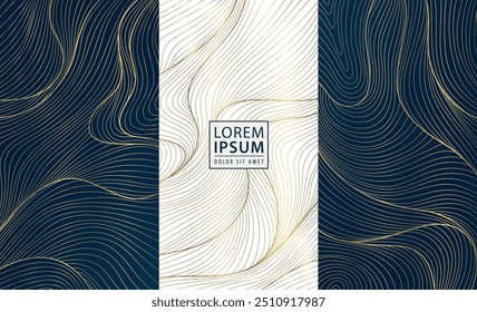 Vector set of art deco luxury wave patterns, gold and black fancy water cards, labels, brochures. Abstract  line chocolate, wine package templates.