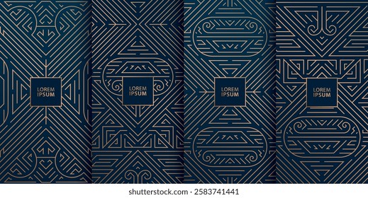 Vector set of art deco luxury, fancy frames, wine labels, gold on blue backgrounds. Abstract premium package design, geometric foil graphic