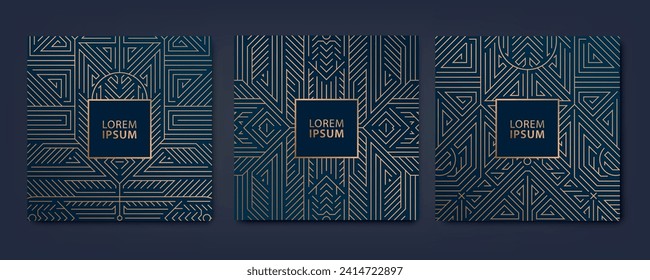 Vector set of art deco pattern line geometric backgrounds, gold cards luxury design. Fancy elegant frames, box ornament, premium invites. 