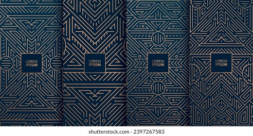 Conjunto vectorial de fondo art deco premium, marcos geométricos dorados, etiquetas de diseño de paquetes. Se utiliza para el chocolate, el vino, los productos cosméticos y el té.