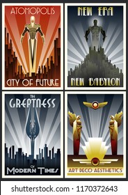 Vektor Set Art Deco Retro Futurismus Poster mit Stadtlandschaften und Skulpturen