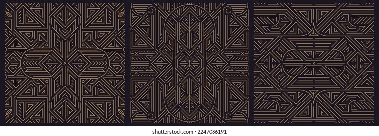 Vector set of art deco seamless patterns, frames, adges, abstract geometric design templates for luxury products. Linear ornament compositions, vintage. Use for packaging, branding. Golden fancy style