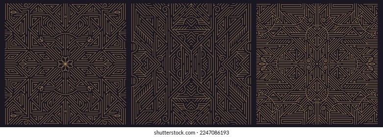 Vector set of art deco seamless patterns, frames, adges, abstract geometric design templates for luxury products. Linear ornament compositions, vintage. Use for packaging, branding. Golden fancy style