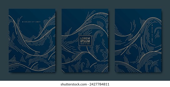 Vector set of art deco wave covers, gold luxury line background, elegant royal geometric template. Dark liquid shape graphic ornament.