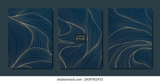 Vector set of art deco wave patterns, organic line design covers, wallpapers. Luxury golden floral textures, art leaf illustrations