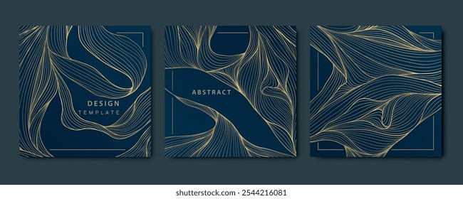 Vector set of art deco wave cards, gold luxury japanese backgrounds. Sea, ocean frames, box package for wine, cosmetic, perfume. Linear abstract square textures