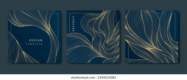 Vector set of art deco wave cards, gold luxury japanese backgrounds. Sea, ocean frames, box package for wine, cosmetic, perfume. Linear abstract square textures