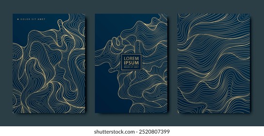 Conjunto de Vector de cubiertas de diseño art deco wavy art, Plantillas premium de mármol. Tarjetas de visita, invitaciones del acontecimiento, folleto, cumpleaños, fondo del paquete