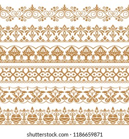 Vector set of art dividers in east style. Borders for the text, invitation cards, various printing editions. Golden seamless elements of design.