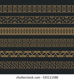 A vector set of art dividers in east style. Borders for the text, invitation cards, various printing editions. Golden seamless elements of design.
