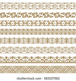 Vector set of art dividers in east style. Borders for the text, invitation cards, various printing editions. Golden seamless elements of design.