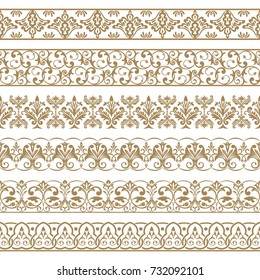 A vector set of art dividers in east style. Borders for the text, invitation cards, various printing editions. Golden seamless elements of design.