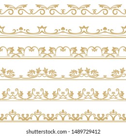 Vector set of art dividers. Gold borders for the text and execution of various pages and documents. Seamless geometrical patterns. The design elements isolated on a white background.