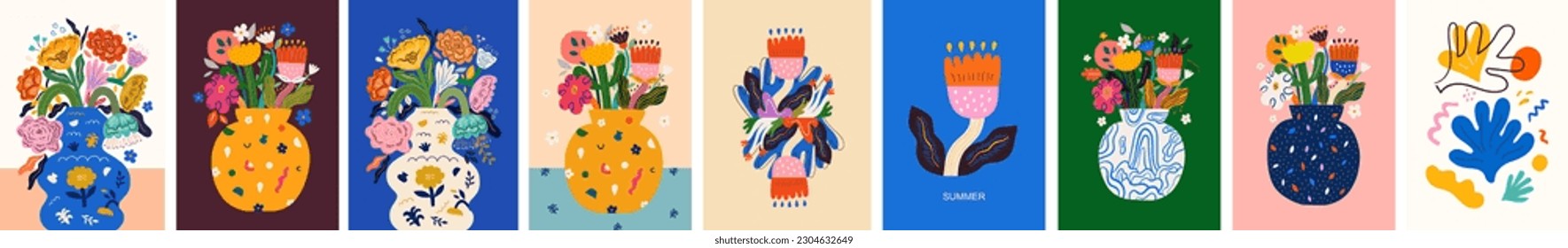 Vector con afiches florales de arte. Hermosa colección de carteles con flores decorativas, rosas, hojas, ramos florales. Portadas para portátiles

