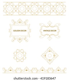 Vector set of art frames and borders. Design templates. Golden outline borders.Mono line decor. Elements in Eastern and Vintage style. Vector Illustration. 
