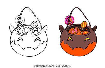 Vector set of art for the Halloween holiday. A basket with sweets and gifts. Contour and color clipart, coloring page for hobbies and children's creativity.