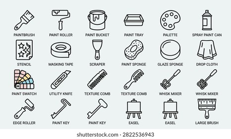 Vector set of art icons including paintbrush, paint roller, paint bucket, paint tray