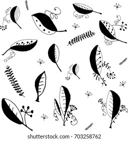 Vector set art line, black and white stylized leaves, leaves from wood, doodle, ornament