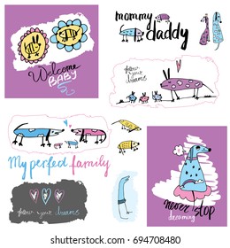 Vector set art line, yellow dog, line art, color picture, dog family, mom dad i love, cards, print for t-shirts, a symbol of the new year