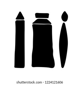 Vector Set Of Art Supplies: Pencil, Paint Tube And Brush. Logo For Art Shop, Creativity Class, Kids Art, Craft. Banner Of Art And Design Education For Children. Learning Icon Concept. 