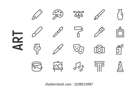 Vector set of art thin line icons. Design of 20 stroke pictograms. Signs of art isolated on a white background.