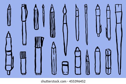Vector set: Art tools. Vector inky drawn pencils, pens, brushes, markers etc. Twenty objects, hand drawn line art.