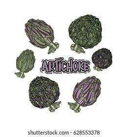 Vector set with artichoke. Typography design elements for prints, cards, posters, products packaging, branding.