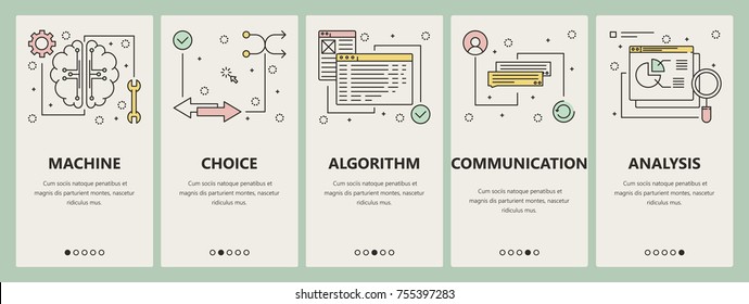 Vector set of artificial intelligence concept banners. Machine, Choice, Algorithm, Communication, Analysis website templates. Modern thin line flat symbols, icons for web, print.