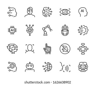 Vector set of artificial intelligence line icons. Contains icons of chip, algorithm, robot, brain, machine learning, autopilot, face recognition and more. Pixel perfect, scalable 24, 48, 96 pixels.