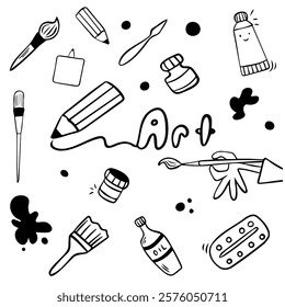 Vector set of an artist, art materials in doodle style: brushes, paints, lettering, spots, hand with a brush, paint cans