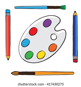 vector set of the artist on a white background. Collection of isolated brushes, pencils with eraser and palette. Ideal for nursery work. cartoon items of the artist