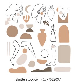 Conjunto vectorial de objetos gráficos artísticos y abstractos. Ilustraciones de retrato femenino y silueta de jarrón en un estilo lineal mínimo. Arte cubista moderno con formas geométricas. Belleza y concepto de moda.