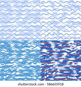Vector set of artistic background with sketch waves and sloppy sprays of paint in a nautical style. For design cards and banners, textiles.