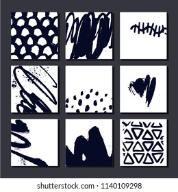 Vector set of artistic cards, posterls, art hand drawn compositions. May be used as background, cover, flyer etc. lack and white, graphics
