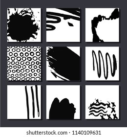 Vector set of artistic cards, posterls, art hand drawn compositions. May be used as background, cover, flyer etc. lack and white, graphics