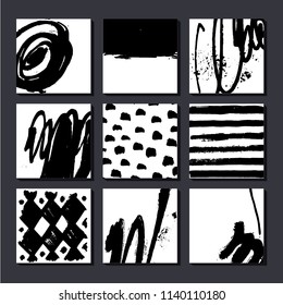 Vector set of artistic cards, posterls, art hand drawn compositions. May be used as background, cover, flyer etc. lack and white, graphics