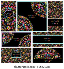 Vector set of artistic creative business cards with black Floral Mexican embroidery pattern and ornaments. Hand Drawn textures. Applicable for wedding, anniversary, birthday, Valentine day, party.