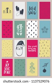 Vector set of artistic hand drawn Christmas, New Year cards. Holiday lettering, textures, backgrounds, illustrations. Banners, flyers, brochures