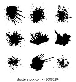 Vector set of artistic ink, watercolor splashes, blots. Black splatter collection. 
