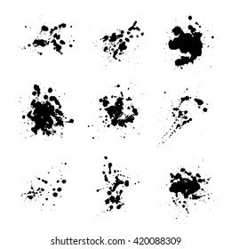 Vector set of artistic ink, watercolor splashes,  blots. Black splatter collection. 